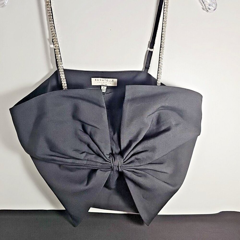 BAGATELLE COLLECTION Bow w/Rhinestone Straps Crop Top - Black